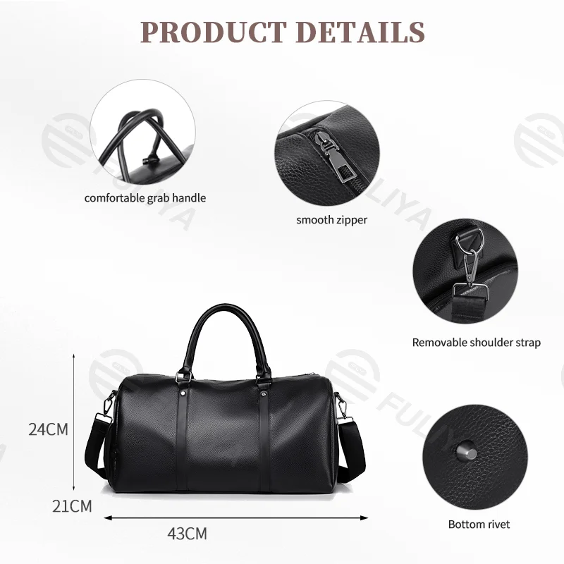 Guangzhou Fuliya Industry Co.,Ltd C-81067 Leather travel gym bag, water-resistant, large capacity, shoe compartment, comfortable handle, detachable strap, and bottom rivets - hand or shoulder carry for gym, travel, and short business trips.