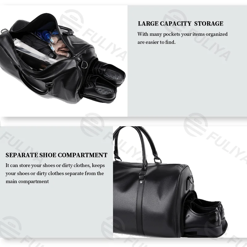 Guangzhou Fuliya Industry Co.,Ltd C-81067 Leather travel gym bag, water-resistant, large capacity, shoe compartment, comfortable handle, detachable strap, and bottom rivets - hand or shoulder carry for gym, travel, and short business trips.