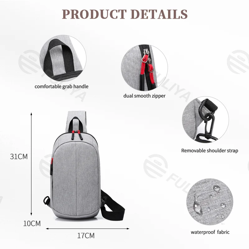 Guangzhou Fuliya Industry Co.,Ltd C-81068 Casual sports chest bag, water-resistant, large capacity, dual zipper, detachable strap, and left/right shoulder alternate carry - crossbody or chest carry for outdoor, cycling, and daily use.