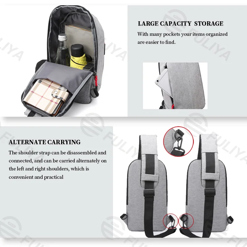 Guangzhou Fuliya Industry Co.,Ltd C-81068 Casual sports chest bag, water-resistant, large capacity, dual zipper, detachable strap, and left/right shoulder alternate carry - crossbody or chest carry for outdoor, cycling, and daily use.