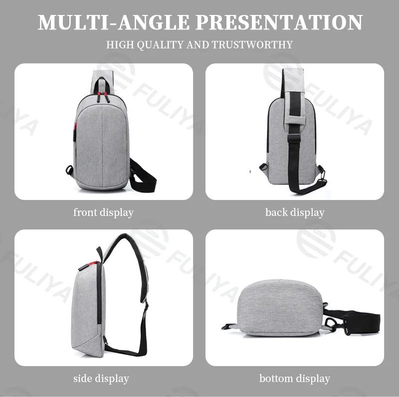 Guangzhou Fuliya Industry Co.,Ltd C-81068 Casual sports chest bag, water-resistant, large capacity, dual zipper, detachable strap, and left/right shoulder alternate carry - crossbody or chest carry for outdoor, cycling, and daily use.