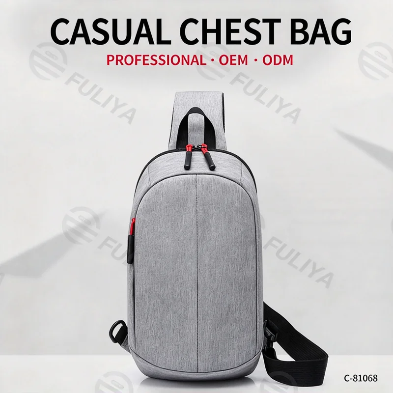 Guangzhou Fuliya Industry Co.,Ltd C-81068 Casual sports chest bag, water-resistant, large capacity, dual zipper, detachable strap, and left/right shoulder alternate carry - crossbody or chest carry for outdoor, cycling, and daily use.
