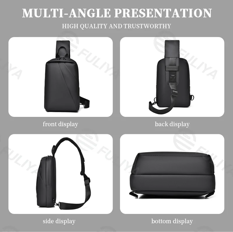 Guangzhou Fuliya Industry Co.,Ltd C-81069 Men's waterproof crossbody chest bag, large capacity, dual zipper, detachable strap, and double D-ring buckle - left/right shoulder alternate carry for outdoor, commuting, and daily use.
