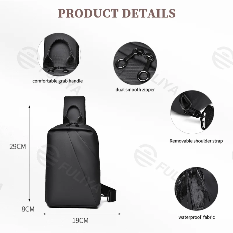 Guangzhou Fuliya Industry Co.,Ltd C-81069 Men's waterproof crossbody chest bag, large capacity, dual zipper, detachable strap, and double D-ring buckle - left/right shoulder alternate carry for outdoor, commuting, and daily use.