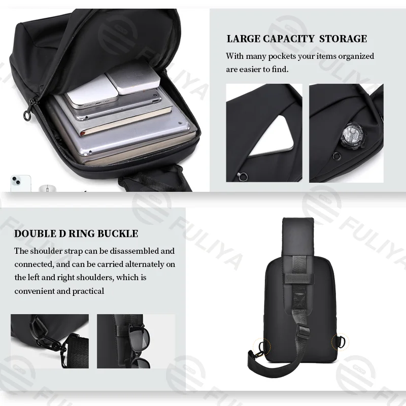 Guangzhou Fuliya Industry Co.,Ltd C-81069 Men's waterproof crossbody chest bag, large capacity, dual zipper, detachable strap, and double D-ring buckle - left/right shoulder alternate carry for outdoor, commuting, and daily use.