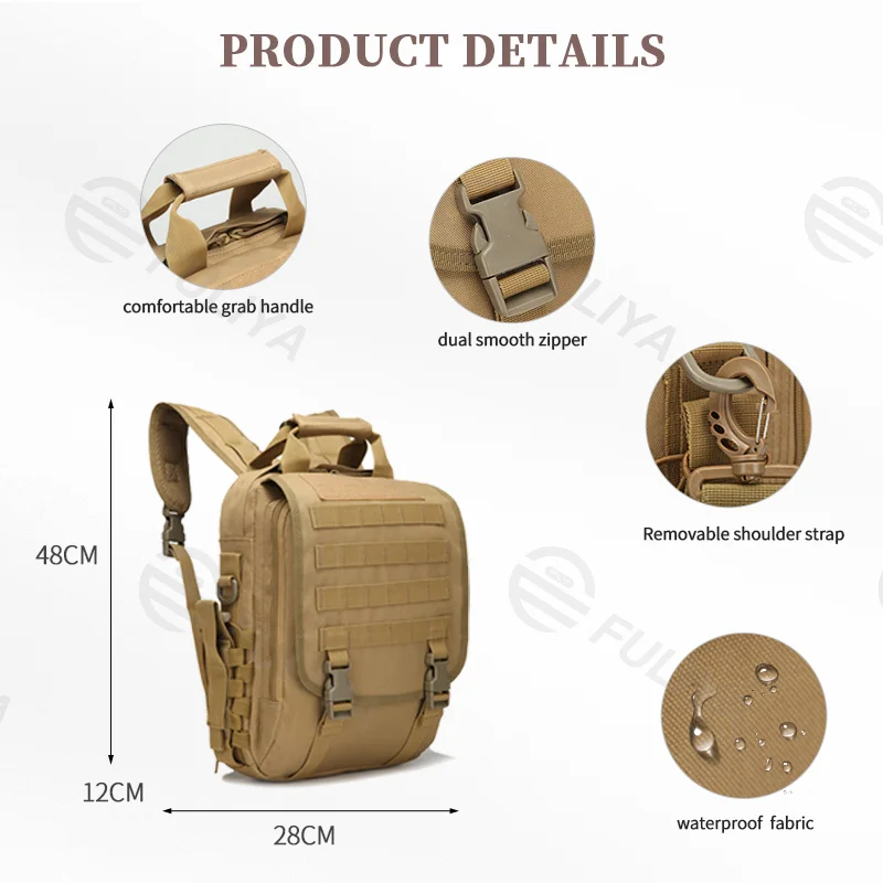 Guangzhou Fuliya Industry Co.,Ltd C-81070 Outdoor tactical backpack, water-resistant, large capacity, laptop compartment, sponge protective layer, dual zipper, detachable strap, and quick-release buckle - for outdoor adventures, commuting, and travel.