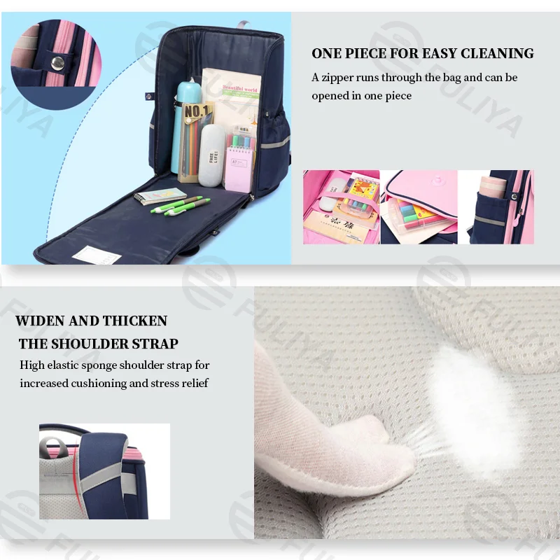 Guangzhou Fuliya Industry Co.,Ltd C-81071 Kids school backpack, water-resistant Oxford fabric, large capacity, one-piece zip-open design, comfortable handle, and widened pressure-relieving shoulder straps - for primary school daily use.