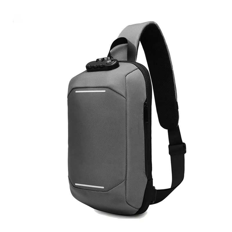 Guangzhou Fuliya Industry Co.,Ltd C-81073 Men's techwear chest bag, water-resistant, large capacity, USB port, anti-theft combination lock, hidden anti-theft pocket, and reflective strips - crossbody or chest carry for commuting, sports, and daily use.