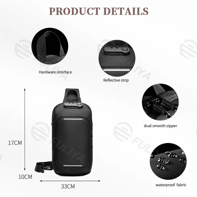 Guangzhou Fuliya Industry Co.,Ltd C-81073 Men's techwear chest bag, water-resistant, large capacity, USB port, anti-theft combination lock, hidden anti-theft pocket, and reflective strips - crossbody or chest carry for commuting, sports, and daily use.