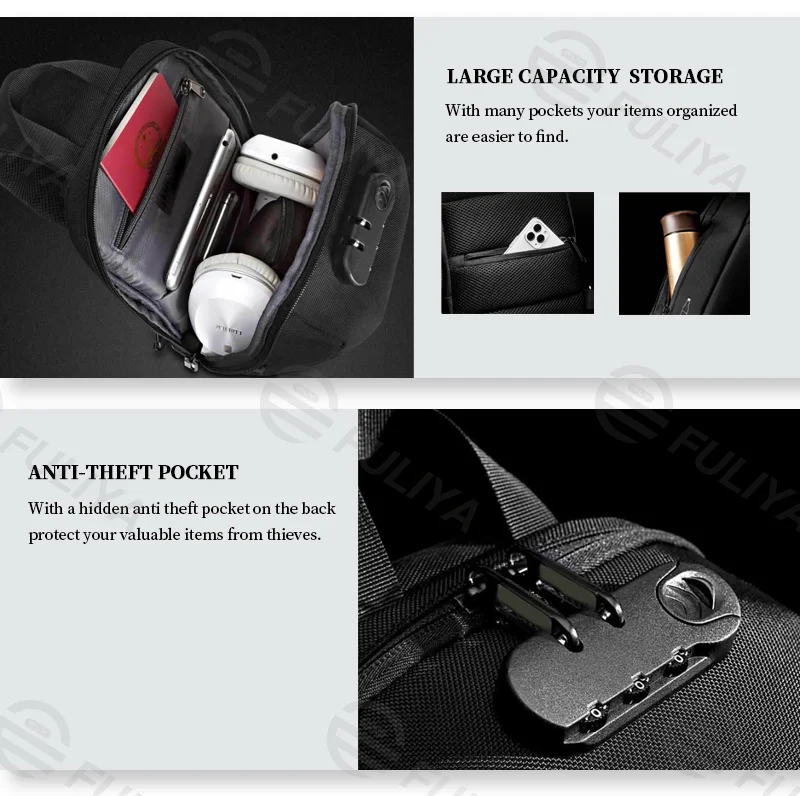 Guangzhou Fuliya Industry Co.,Ltd C-81073 Men's techwear chest bag, water-resistant, large capacity, USB port, anti-theft combination lock, hidden anti-theft pocket, and reflective strips - crossbody or chest carry for commuting, sports, and daily use.