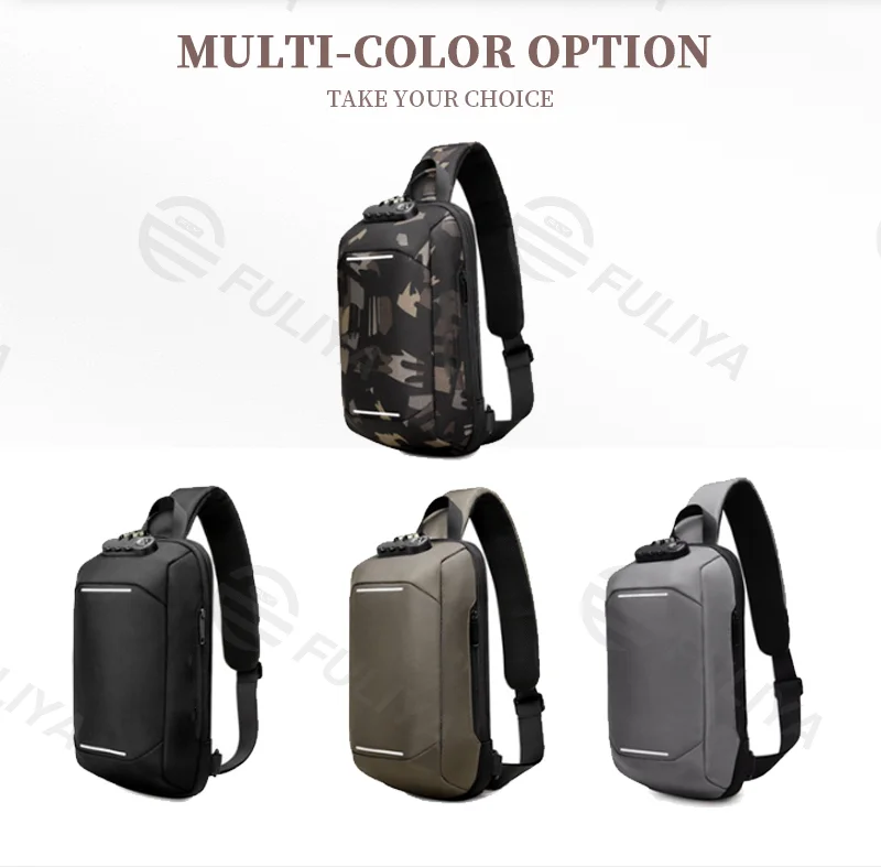 Guangzhou Fuliya Industry Co.,Ltd C-81073 Men's techwear chest bag, water-resistant, large capacity, USB port, anti-theft combination lock, hidden anti-theft pocket, and reflective strips - crossbody or chest carry for commuting, sports, and daily use.