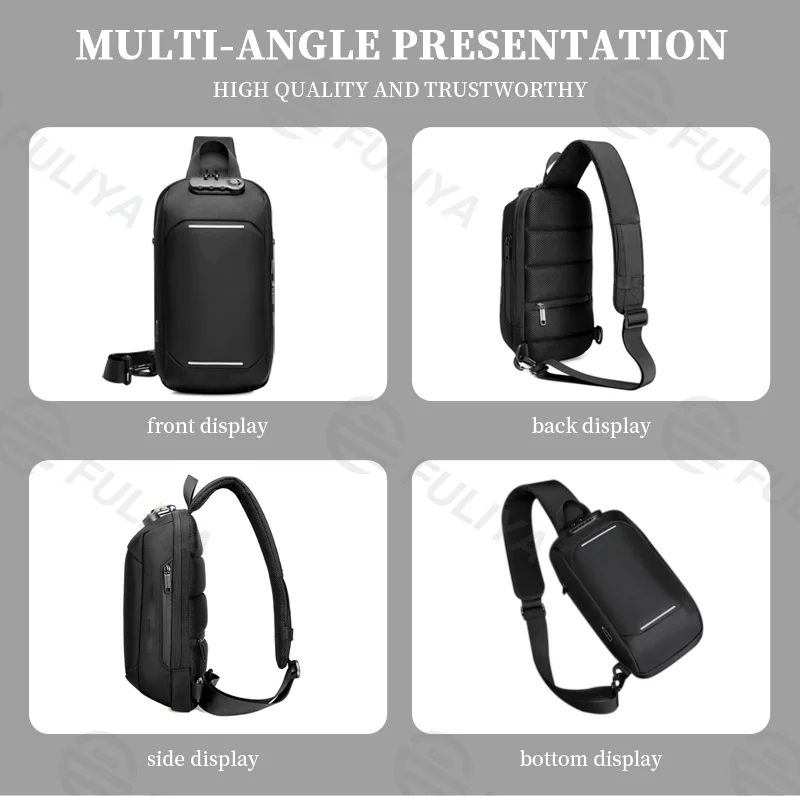 Guangzhou Fuliya Industry Co.,Ltd C-81073 Men's techwear chest bag, water-resistant, large capacity, USB port, anti-theft combination lock, hidden anti-theft pocket, and reflective strips - crossbody or chest carry for commuting, sports, and daily use.
