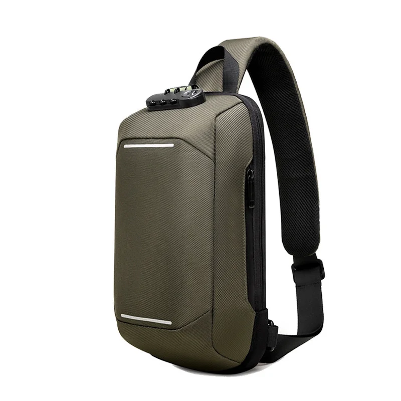 Guangzhou Fuliya Industry Co.,Ltd C-81073 Men's techwear chest bag, water-resistant, large capacity, USB port, anti-theft combination lock, hidden anti-theft pocket, and reflective strips - crossbody or chest carry for commuting, sports, and daily use.