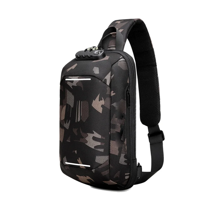 Guangzhou Fuliya Industry Co.,Ltd C-81073 Men's techwear chest bag, water-resistant, large capacity, USB port, anti-theft combination lock, hidden anti-theft pocket, and reflective strips - crossbody or chest carry for commuting, sports, and daily use.