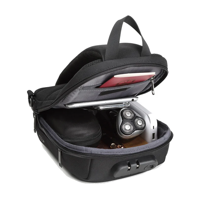 Guangzhou Fuliya Industry Co.,Ltd C-81073 Men's techwear chest bag, water-resistant, large capacity, USB port, anti-theft combination lock, hidden anti-theft pocket, and reflective strips - crossbody or chest carry for commuting, sports, and daily use.