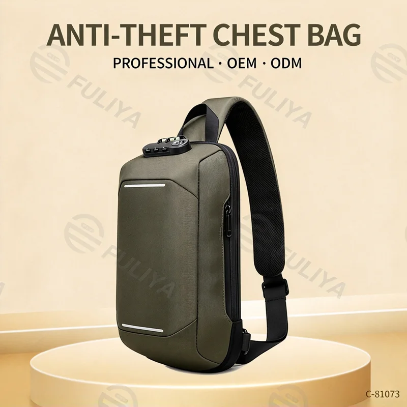 Guangzhou Fuliya Industry Co.,Ltd C-81073 Men's techwear chest bag, water-resistant, large capacity, USB port, anti-theft combination lock, hidden anti-theft pocket, and reflective strips - crossbody or chest carry for commuting, sports, and daily use.