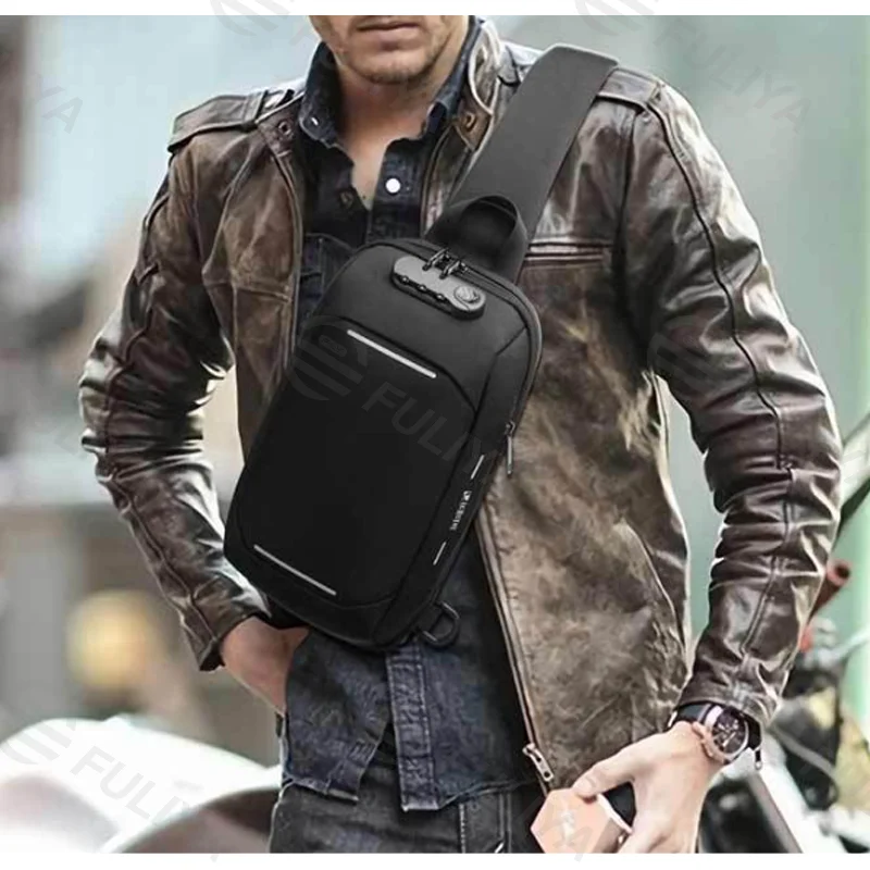 Guangzhou Fuliya Industry Co.,Ltd C-81073 Men's techwear chest bag, water-resistant, large capacity, USB port, anti-theft combination lock, hidden anti-theft pocket, and reflective strips - crossbody or chest carry for commuting, sports, and daily use.