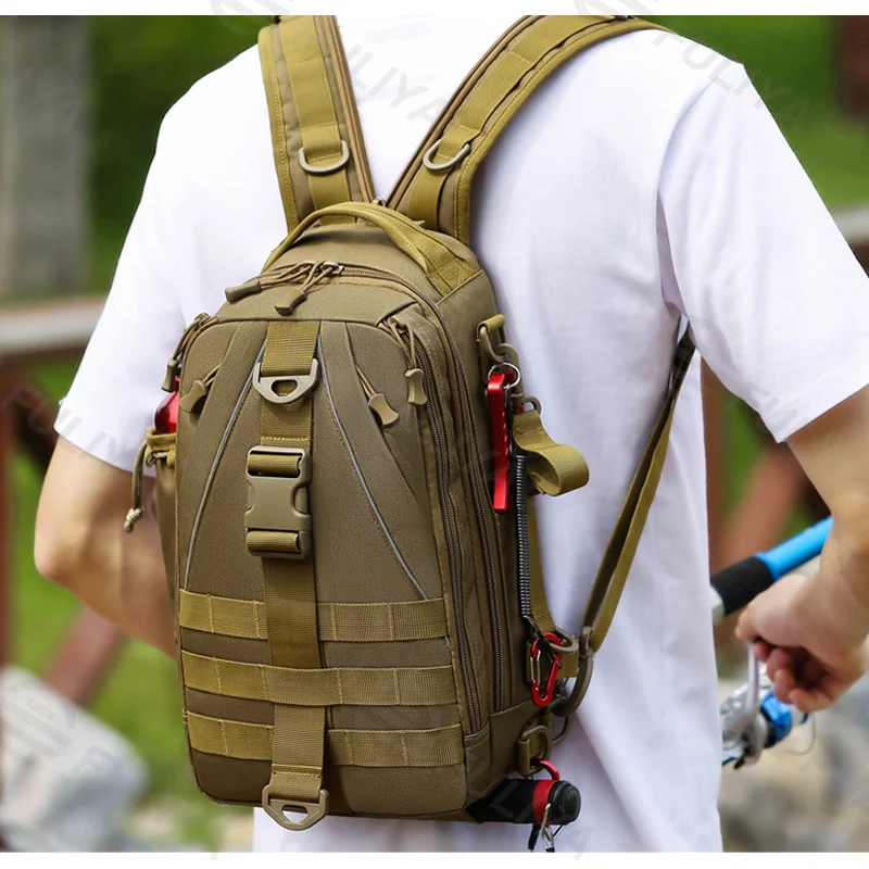 Guangzhou Fuliya Industry Co.,Ltd C-81074 Outdoor dual-use fishing bag, wear-resistant and water-repellent, large capacity, rod strap, bottom storage bag, reflective strips, and detachable hook - backpack or crossbody for fishing and outdoor.