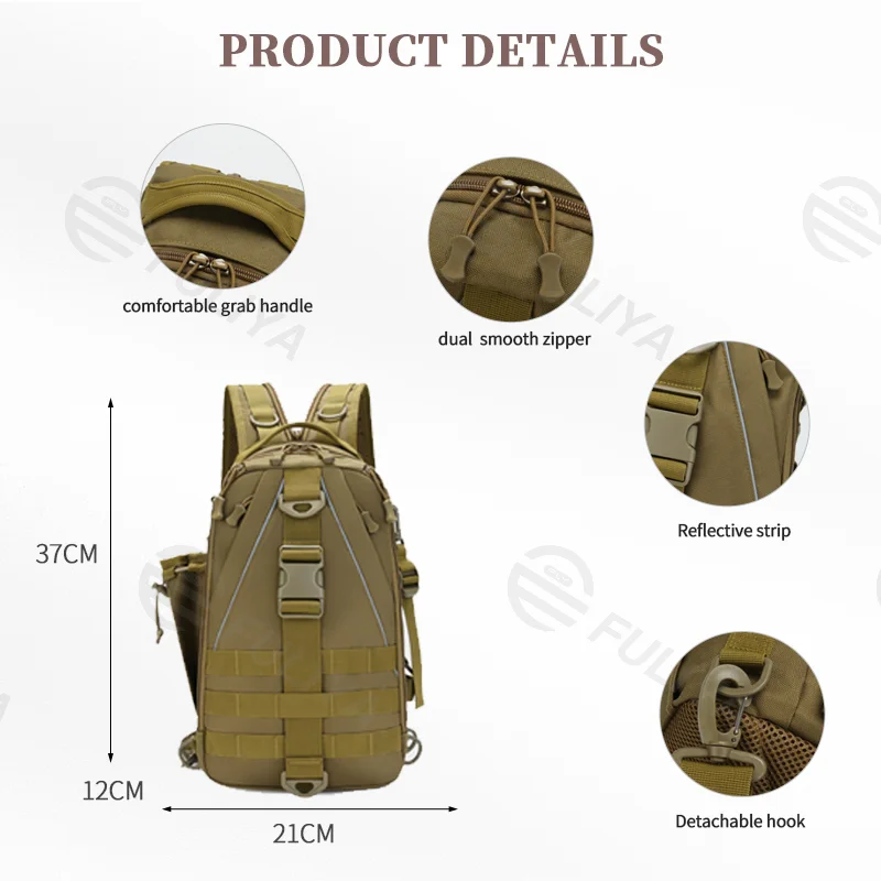 Guangzhou Fuliya Industry Co.,Ltd C-81074 Outdoor dual-use fishing bag, wear-resistant and water-repellent, large capacity, rod strap, bottom storage bag, reflective strips, and detachable hook - backpack or crossbody for fishing and outdoor.