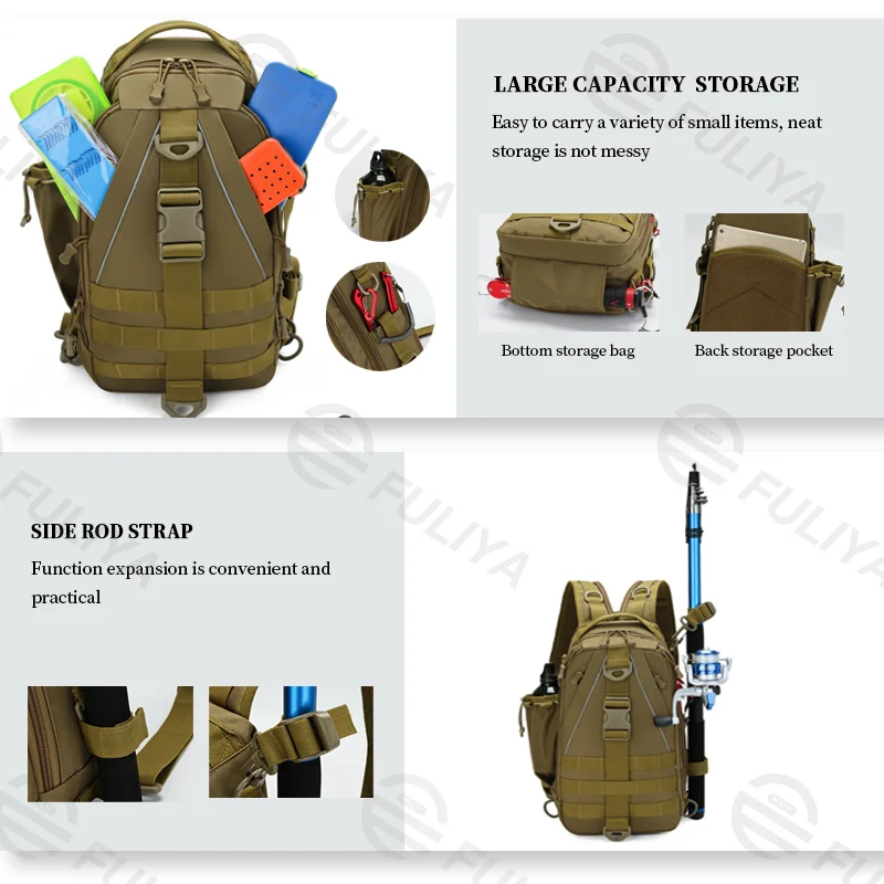 Guangzhou Fuliya Industry Co.,Ltd C-81074 Outdoor dual-use fishing bag, wear-resistant and water-repellent, large capacity, rod strap, bottom storage bag, reflective strips, and detachable hook - backpack or crossbody for fishing and outdoor.