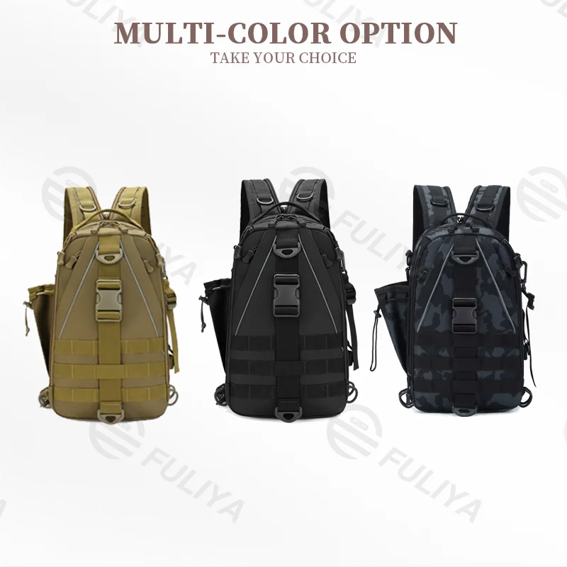 Guangzhou Fuliya Industry Co.,Ltd C-81074 Outdoor dual-use fishing bag, wear-resistant and water-repellent, large capacity, rod strap, bottom storage bag, reflective strips, and detachable hook - backpack or crossbody for fishing and outdoor.