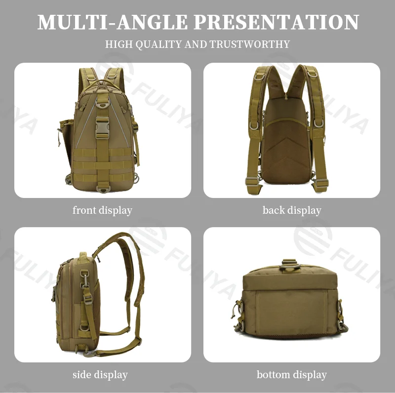 Guangzhou Fuliya Industry Co.,Ltd C-81074 Outdoor dual-use fishing bag, wear-resistant and water-repellent, large capacity, rod strap, bottom storage bag, reflective strips, and detachable hook - backpack or crossbody for fishing and outdoor.