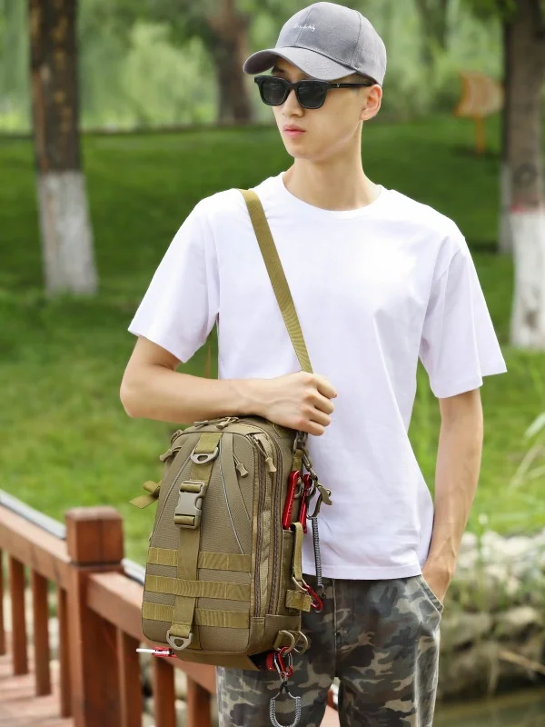 Guangzhou Fuliya Industry Co.,Ltd C-81074 Outdoor dual-use fishing bag, wear-resistant and water-repellent, large capacity, rod strap, bottom storage bag, reflective strips, and detachable hook - backpack or crossbody for fishing and outdoor.