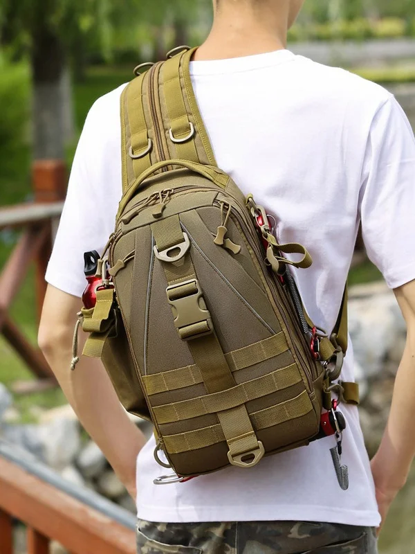 Guangzhou Fuliya Industry Co.,Ltd C-81074 Outdoor dual-use fishing bag, wear-resistant and water-repellent, large capacity, rod strap, bottom storage bag, reflective strips, and detachable hook - backpack or crossbody for fishing and outdoor.