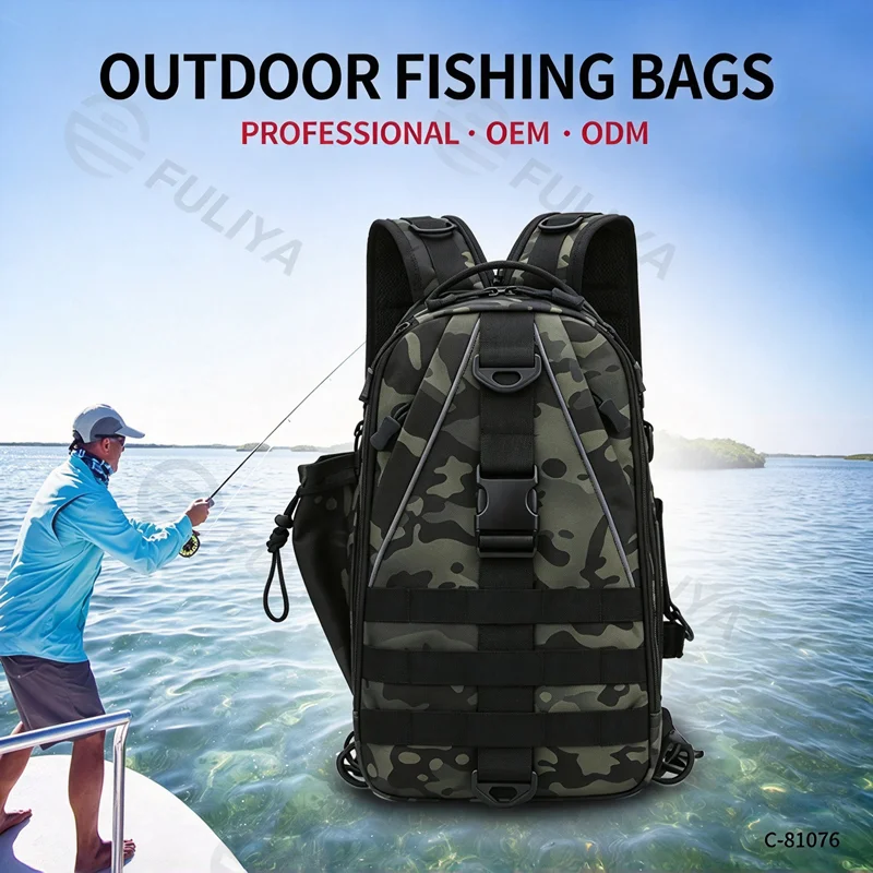 Guangzhou Fuliya Industry Co.,Ltd C-81074 Outdoor dual-use fishing bag, wear-resistant and water-repellent, large capacity, rod strap, bottom storage bag, reflective strips, and detachable hook - backpack or crossbody for fishing and outdoor.