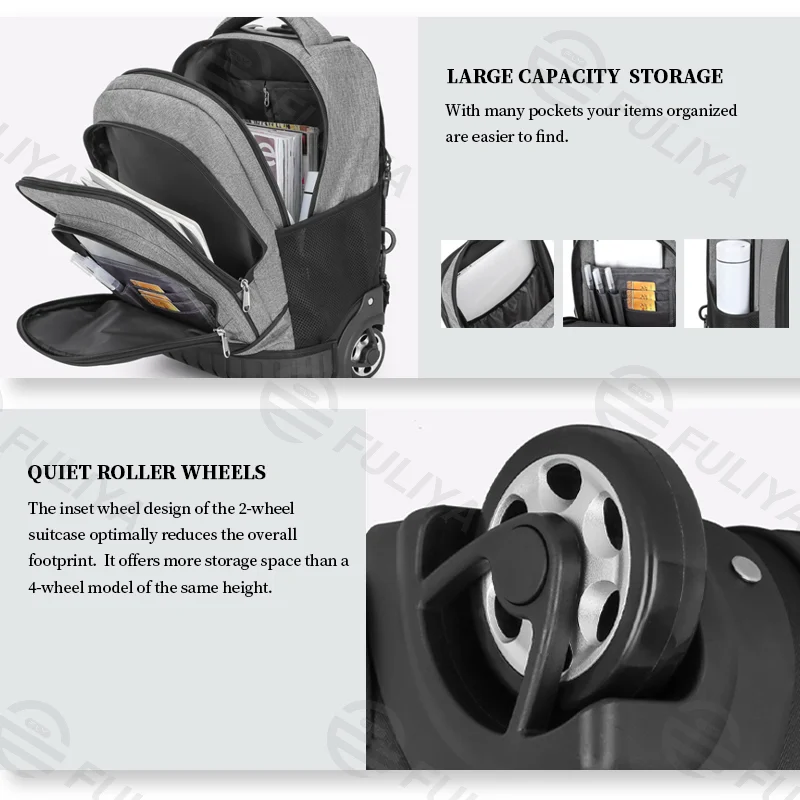 Guangzhou Fuliya Industry Co.,Ltd C-81075 Large-capacity trolley backpack, water-resistant, multi-layer storage, laptop compartment, built-in pull rod, hidden shoulder straps, and quiet dual wheels - for business trips and travel.
