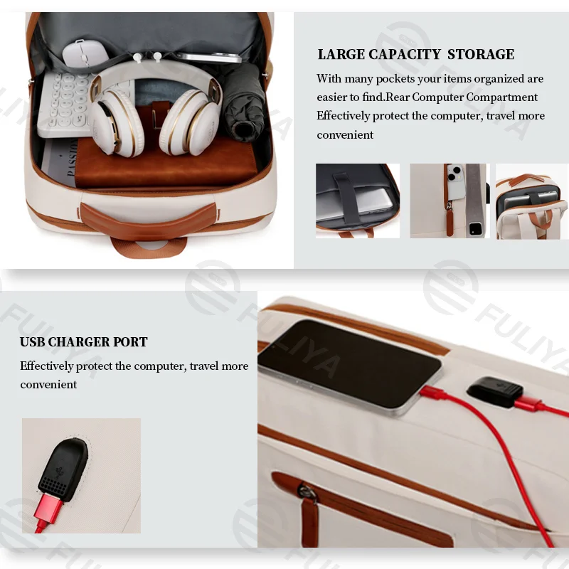 Guangzhou Fuliya Industry Co.,Ltd C-81076 Business commuter backpack, water-resistant, large capacity, laptop compartment, USB port, comfortable handle, and luggage strap - backpack or hand carry for business trips, commuting, and travel.