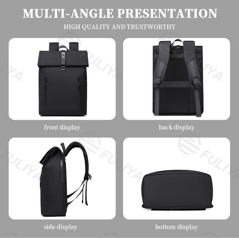 Guangzhou Fuliya Industry Co.,Ltd C-81077 Men's minimalist backpack, water-resistant, large capacity, laptop compartment, front zipper pocket, 6-figure buckle, and luggage strap - backpack or hand carry for business, commuting, and travel.