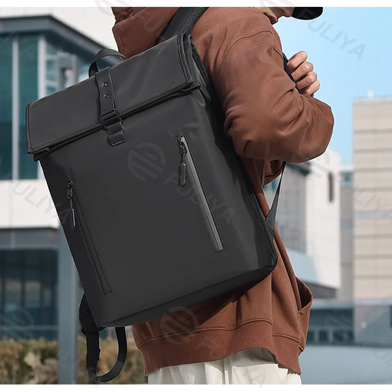 Guangzhou Fuliya Industry Co.,Ltd C-81077 Men's minimalist backpack, water-resistant, large capacity, laptop compartment, front zipper pocket, 6-figure buckle, and luggage strap - backpack or hand carry for business, commuting, and travel.