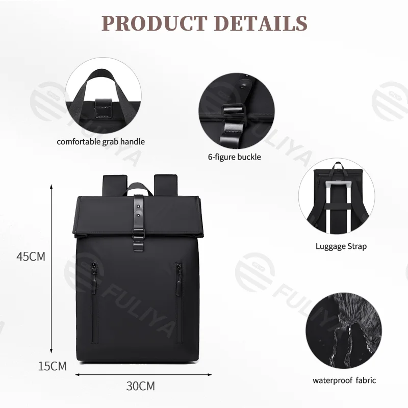 Guangzhou Fuliya Industry Co.,Ltd C-81077 Men's minimalist backpack, water-resistant, large capacity, laptop compartment, front zipper pocket, 6-figure buckle, and luggage strap - backpack or hand carry for business, commuting, and travel.