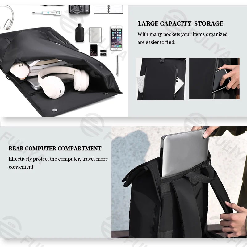 Guangzhou Fuliya Industry Co.,Ltd C-81077 Men's minimalist backpack, water-resistant, large capacity, laptop compartment, front zipper pocket, 6-figure buckle, and luggage strap - backpack or hand carry for business, commuting, and travel.