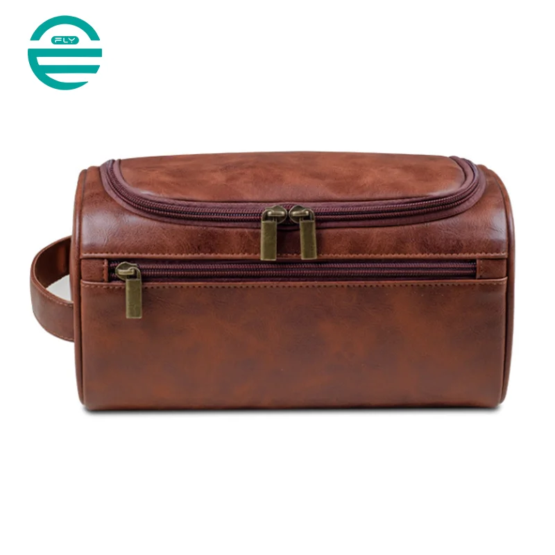Guangzhou Fuliya Industry Co.,Ltd C-81078 European-style PU leather toiletry bag, water-resistant, large capacity, metal hook, mesh pocket, dual zipper, and moisture-proof lining - hang or hand carry for travel, business trips, and daily use.