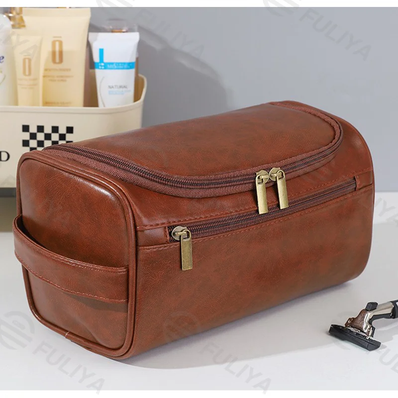 Guangzhou Fuliya Industry Co.,Ltd C-81078 European-style PU leather toiletry bag, water-resistant, large capacity, metal hook, mesh pocket, dual zipper, and moisture-proof lining - hang or hand carry for travel, business trips, and daily use.