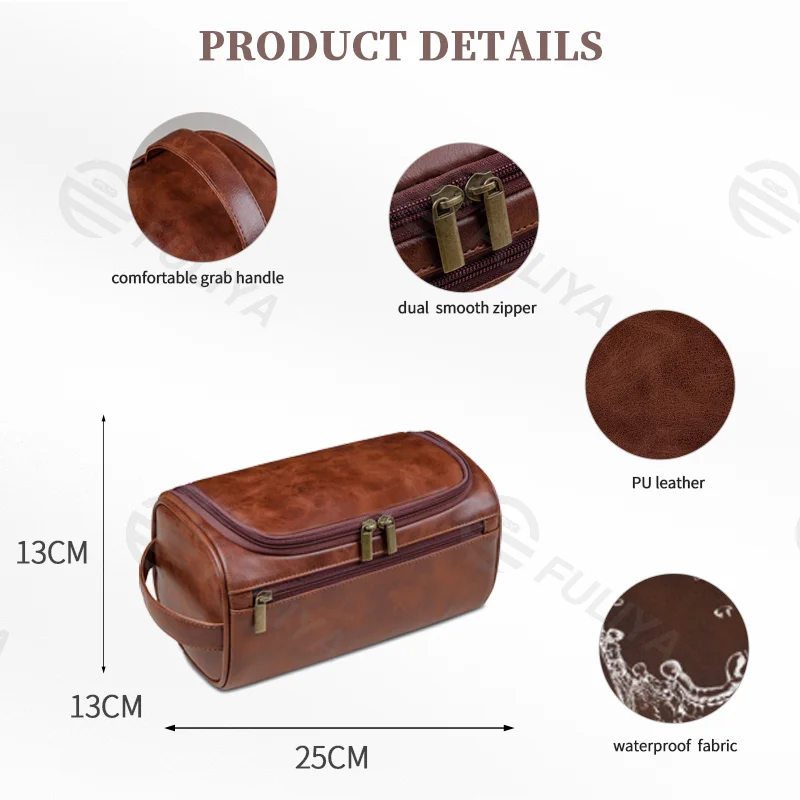 Guangzhou Fuliya Industry Co.,Ltd C-81078 European-style PU leather toiletry bag, water-resistant, large capacity, metal hook, mesh pocket, dual zipper, and moisture-proof lining - hang or hand carry for travel, business trips, and daily use.