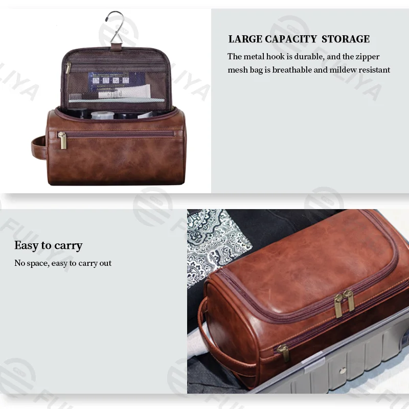 Guangzhou Fuliya Industry Co.,Ltd C-81078 European-style PU leather toiletry bag, water-resistant, large capacity, metal hook, mesh pocket, dual zipper, and moisture-proof lining - hang or hand carry for travel, business trips, and daily use.