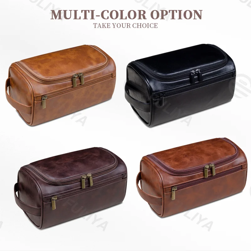 Guangzhou Fuliya Industry Co.,Ltd C-81078 European-style PU leather toiletry bag, water-resistant, large capacity, metal hook, mesh pocket, dual zipper, and moisture-proof lining - hang or hand carry for travel, business trips, and daily use.
