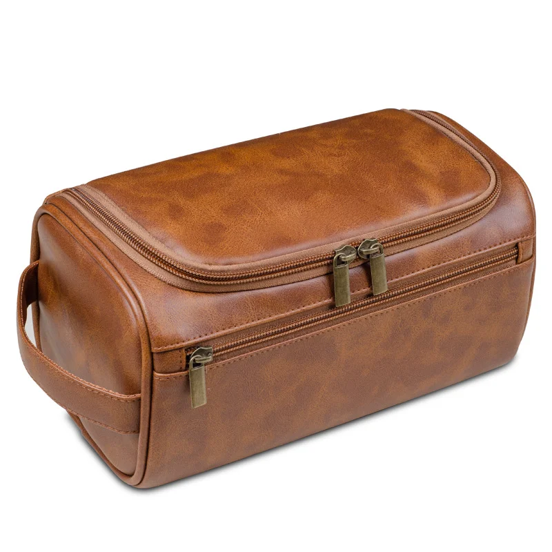 Guangzhou Fuliya Industry Co.,Ltd C-81078 European-style PU leather toiletry bag, water-resistant, large capacity, metal hook, mesh pocket, dual zipper, and moisture-proof lining - hang or hand carry for travel, business trips, and daily use.
