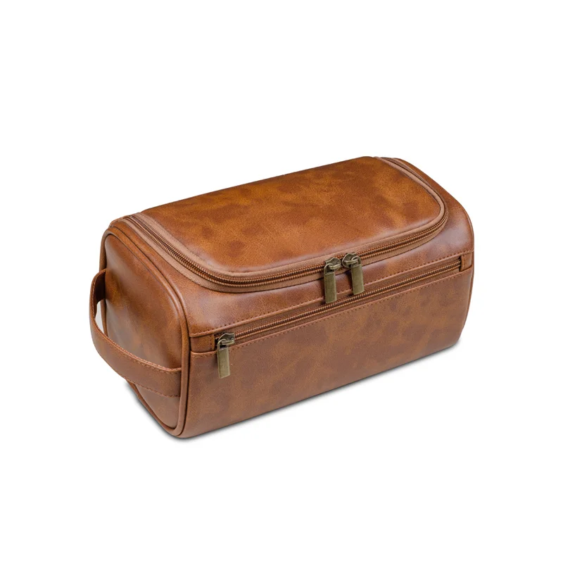 Guangzhou Fuliya Industry Co.,Ltd C-81078 European-style PU leather toiletry bag, water-resistant, large capacity, metal hook, mesh pocket, dual zipper, and moisture-proof lining - hang or hand carry for travel, business trips, and daily use.