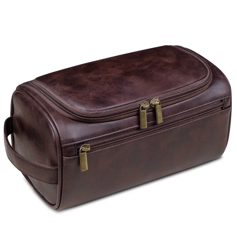 Guangzhou Fuliya Industry Co.,Ltd C-81078 European-style PU leather toiletry bag, water-resistant, large capacity, metal hook, mesh pocket, dual zipper, and moisture-proof lining - hang or hand carry for travel, business trips, and daily use.