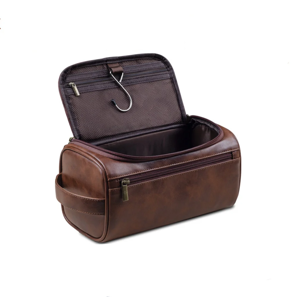 Guangzhou Fuliya Industry Co.,Ltd C-81078 European-style PU leather toiletry bag, water-resistant, large capacity, metal hook, mesh pocket, dual zipper, and moisture-proof lining - hang or hand carry for travel, business trips, and daily use.