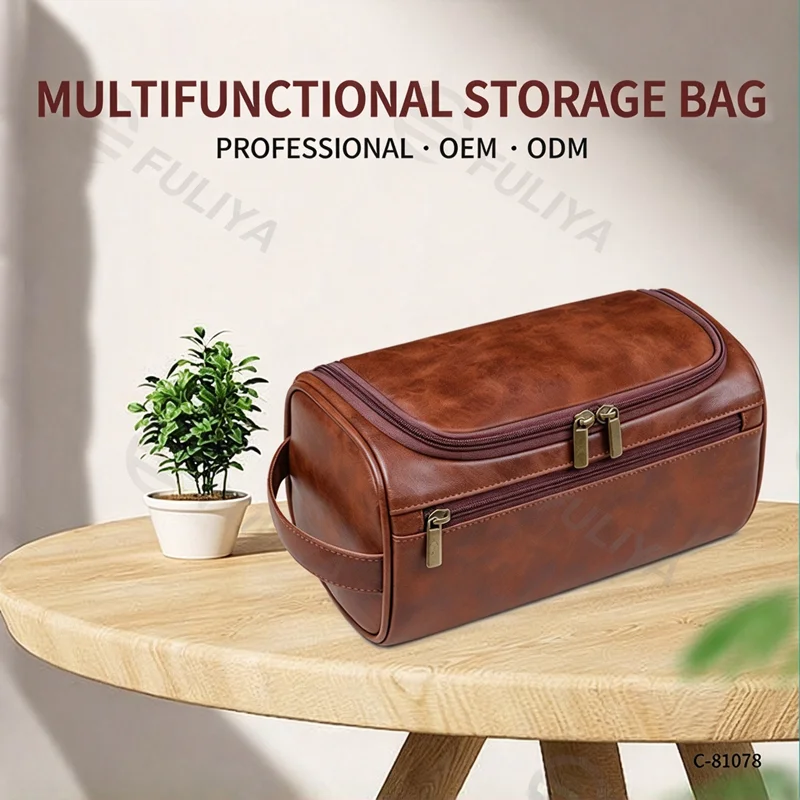 Guangzhou Fuliya Industry Co.,Ltd C-81078 European-style PU leather toiletry bag, water-resistant, large capacity, metal hook, mesh pocket, dual zipper, and moisture-proof lining - hang or hand carry for travel, business trips, and daily use.
