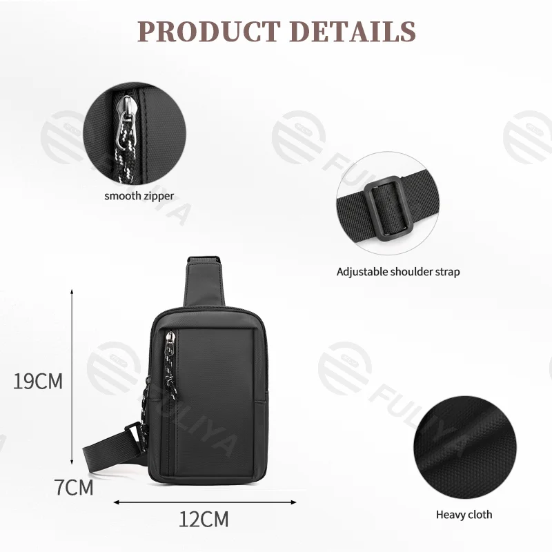 Guangzhou Fuliya Industry Co.,Ltd C-81079 Men's mini chest bag, water-repellent, lightweight and slim, wide-opening main compartment with inner and front pockets for phone and small items - crossbody or chest carry for commuting and daily use.