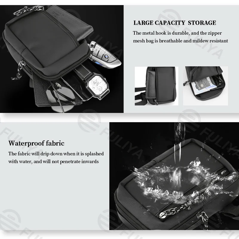Guangzhou Fuliya Industry Co.,Ltd C-81079 Men's mini chest bag, water-repellent, lightweight and slim, wide-opening main compartment with inner and front pockets for phone and small items - crossbody or chest carry for commuting and daily use.