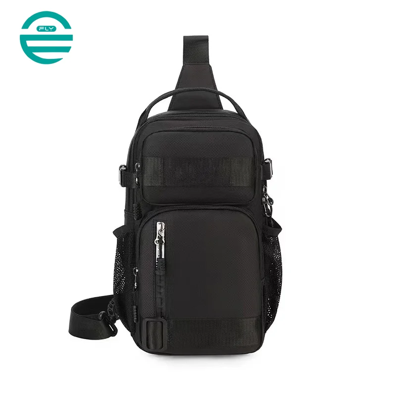 Guangzhou Fuliya Industry Co.,Ltd C-81081 Men's casual chest bag, lightweight, large capacity, multi-layer storage, main/divider/front/side mesh pockets - left/right shoulder alternate carry.