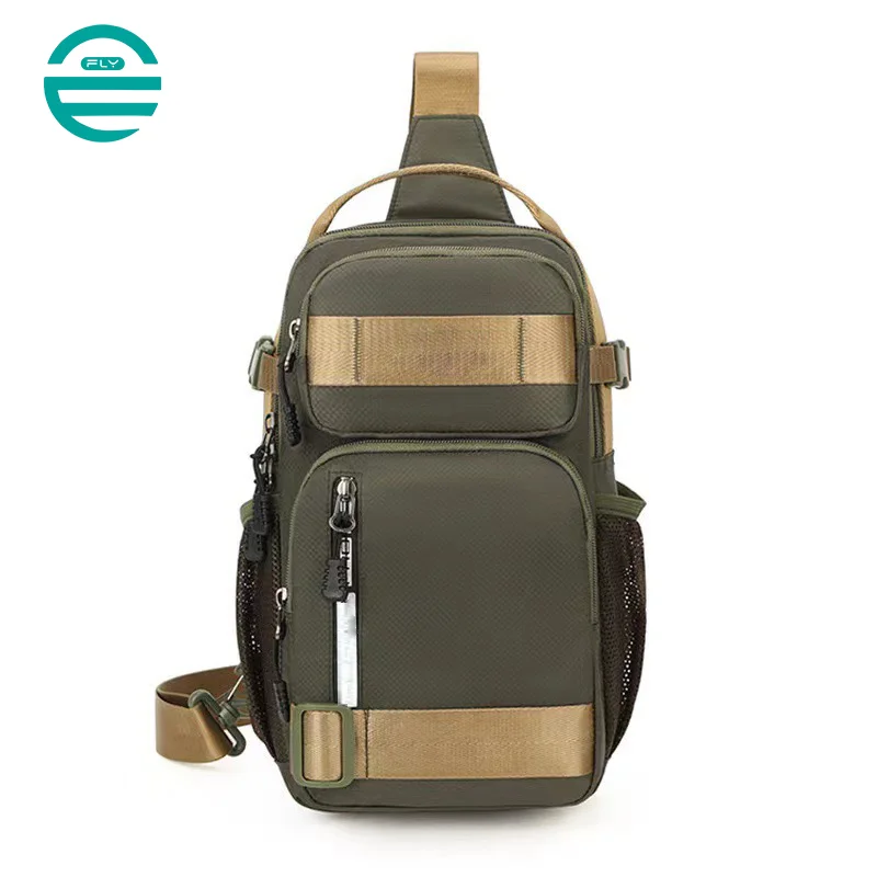 Guangzhou Fuliya Industry Co.,Ltd C-81081 Men's casual chest bag, lightweight, large capacity, multi-layer storage, main/divider/front/side mesh pockets - left/right shoulder alternate carry.