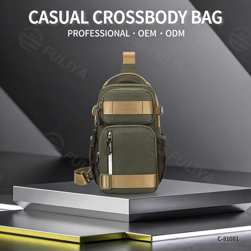 Guangzhou Fuliya Industry Co.,Ltd C-81081 Men's casual chest bag, lightweight, large capacity, multi-layer storage, main/divider/front/side mesh pockets - left/right shoulder alternate carry.